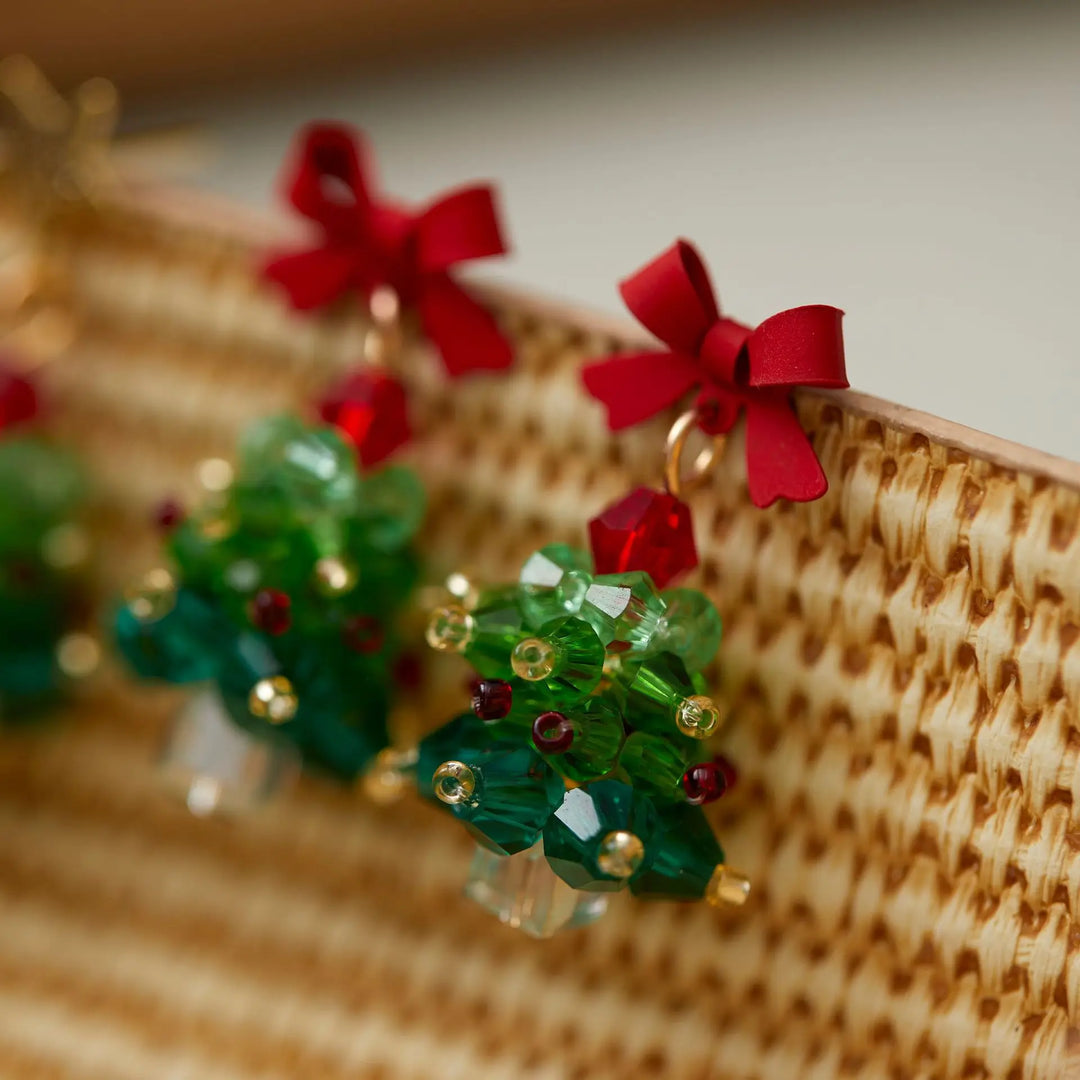 Red Bow Christmas Tree Clip on Earrings