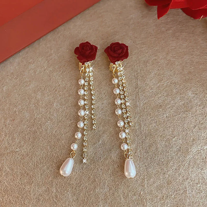 Velvet Rose Dangle Pearl Clip on Earrings