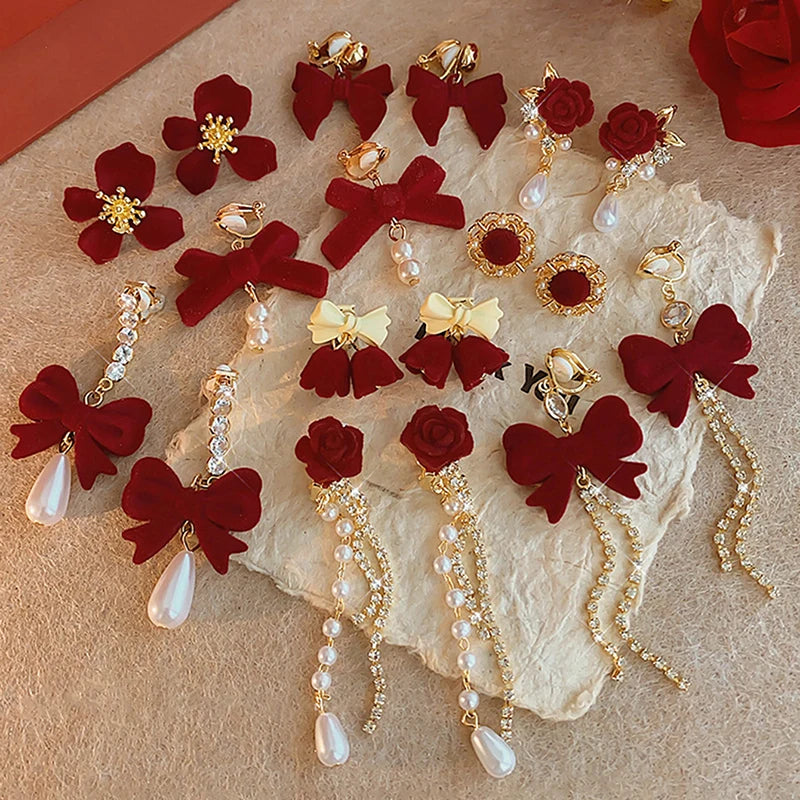 Velvet Rose Dangle Pearl Clip on Earrings