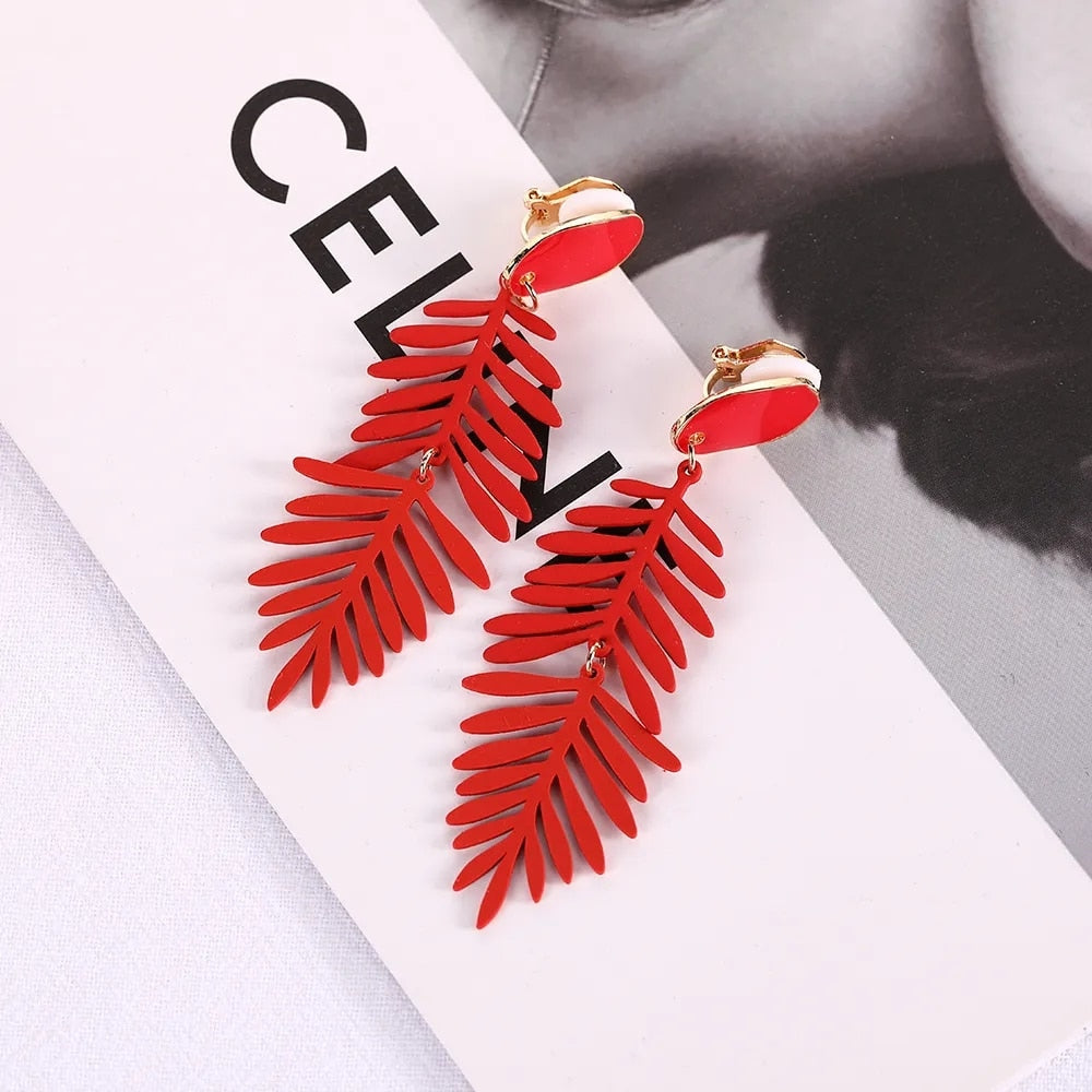 Long Leaf Clip on Earrings