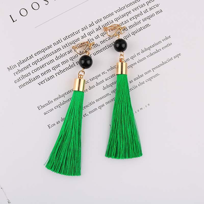 Bohemian Long Cotton Tassel Clip on Earrings