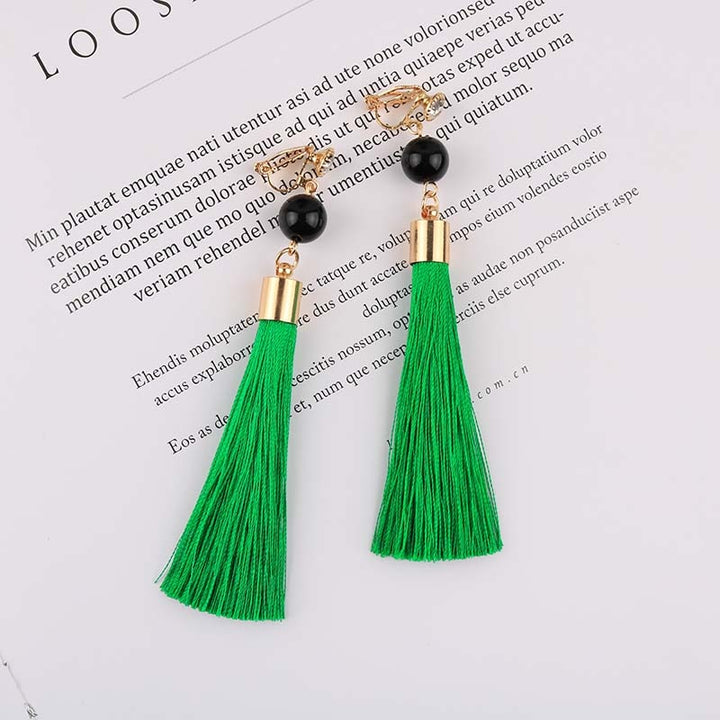 Bohemian Long Cotton Tassel Clip on Earrings