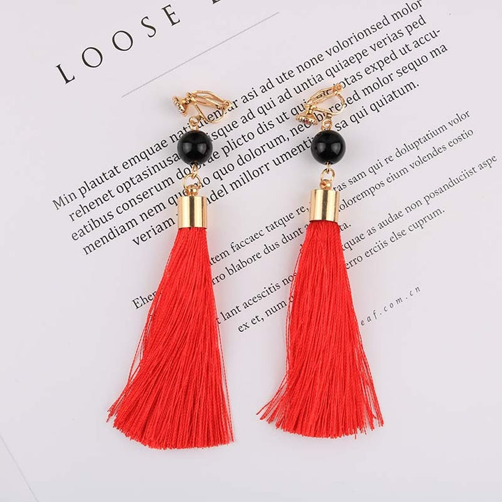 Bohemian Long Cotton Tassel Clip on Earrings