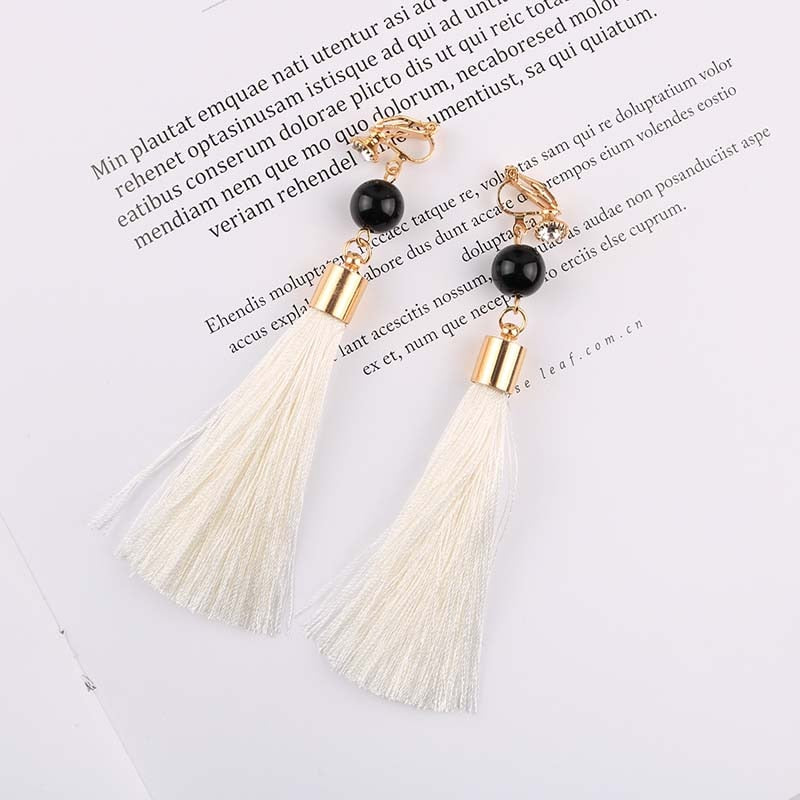 Bohemian Long Cotton Tassel Clip on Earrings