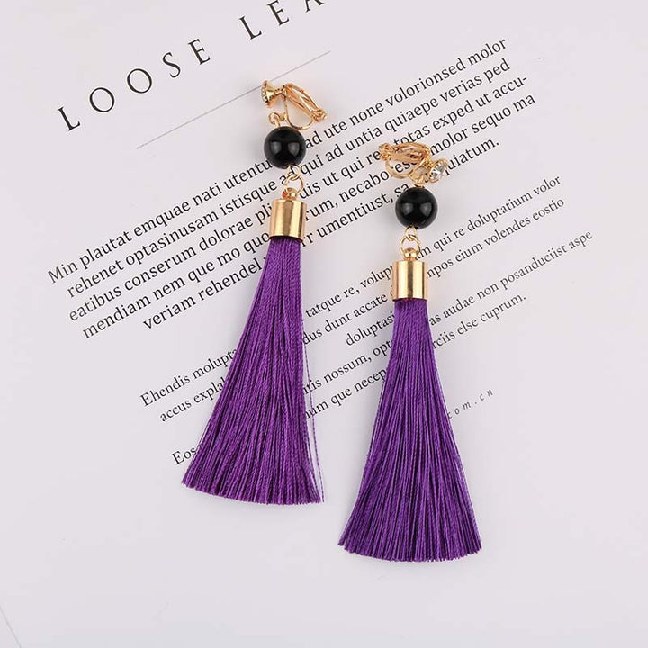 Bohemian Long Cotton Tassel Clip on Earrings