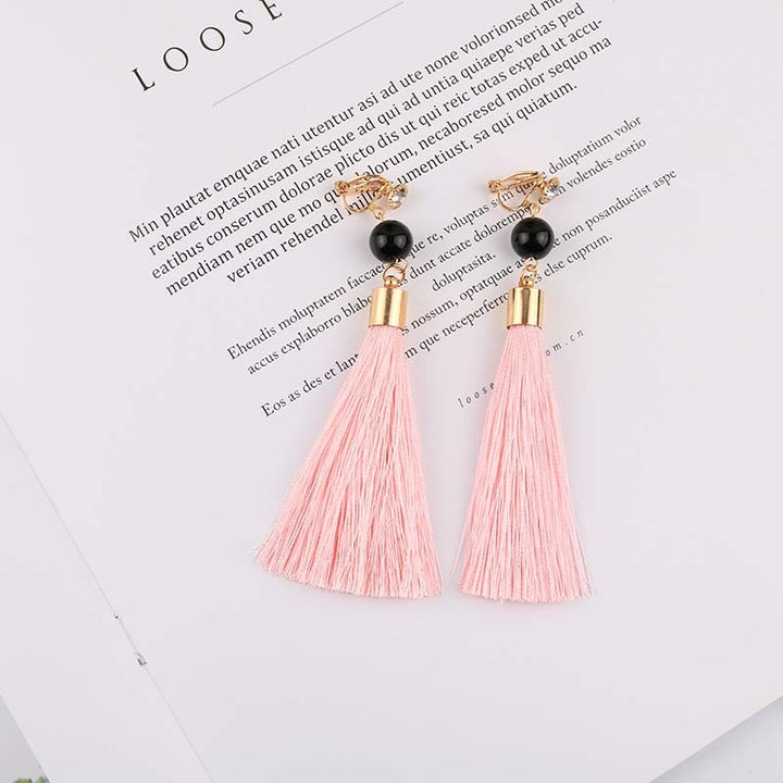 Bohemian Long Cotton Tassel Clip on Earrings