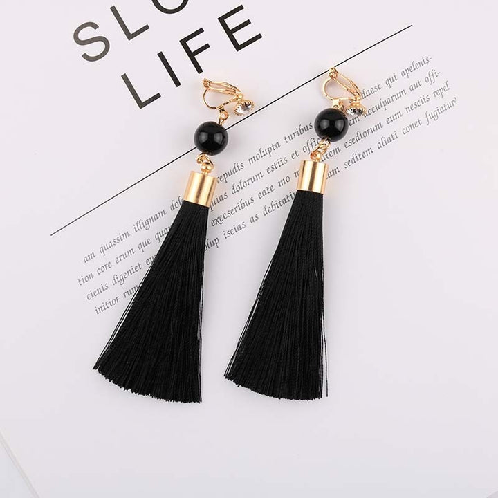 Bohemian Long Cotton Tassel Clip on Earrings