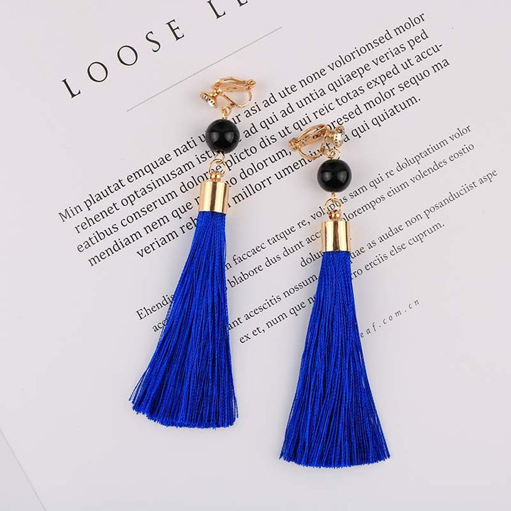 Bohemian Long Cotton Tassel Clip on Earrings