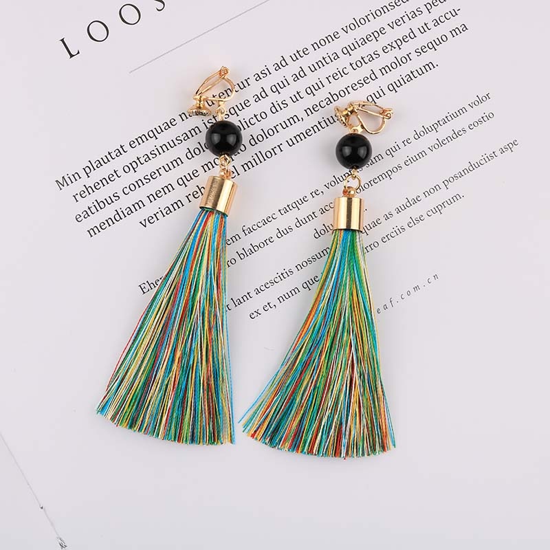 Bohemian Long Cotton Tassel Clip on Earrings