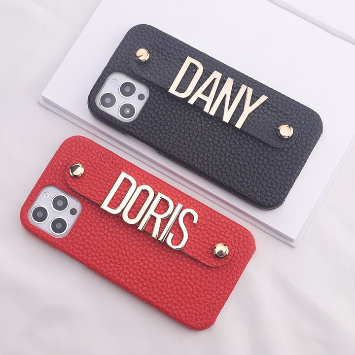 Name Leather Phone Case with Holding Strap