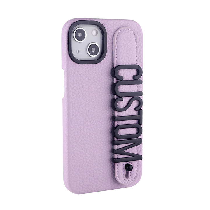 Personalised Name Genuine Leather iPhone Case with Holding Strap for iPhone 14