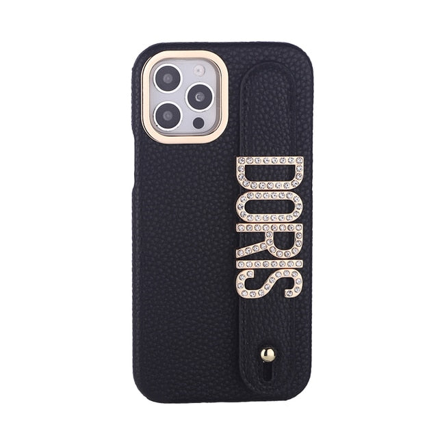 Personalised Name Genuine Leather iPhone Case with Holding Strap for iPhone 14