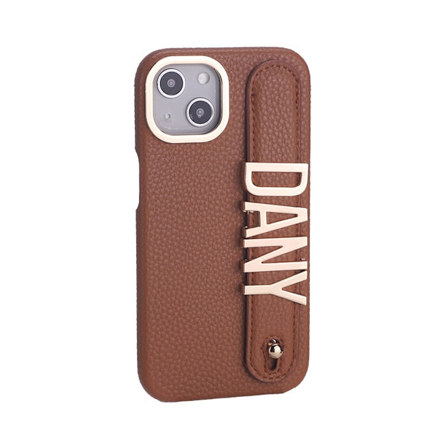 Personalised Name Genuine Leather iPhone Case with Holding Strap for iPhone 14