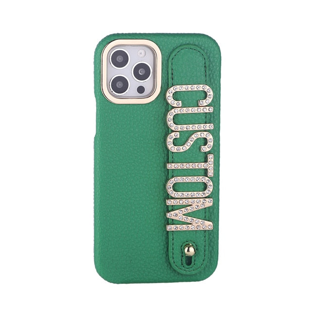 Personalised Name Genuine Leather iPhone Case with Holding Strap for iPhone 14