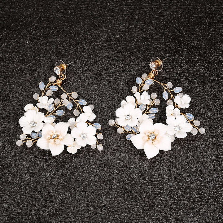 Handmade White Ceramic Rhinestone Floral Earrings