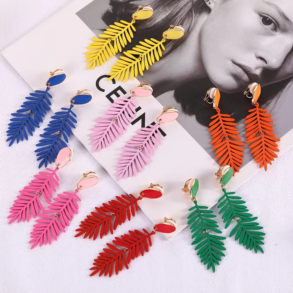 Long Leaf Clip on Earrings