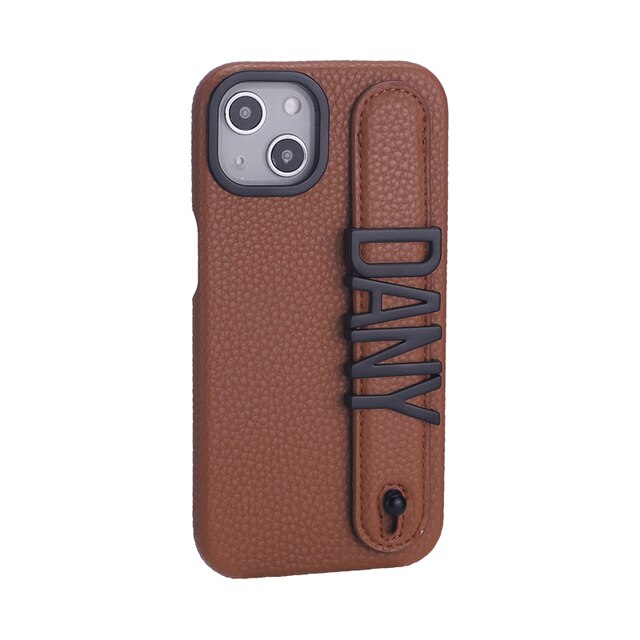 Personalised Name Genuine Leather iPhone Case with Holding Strap for iPhone 14