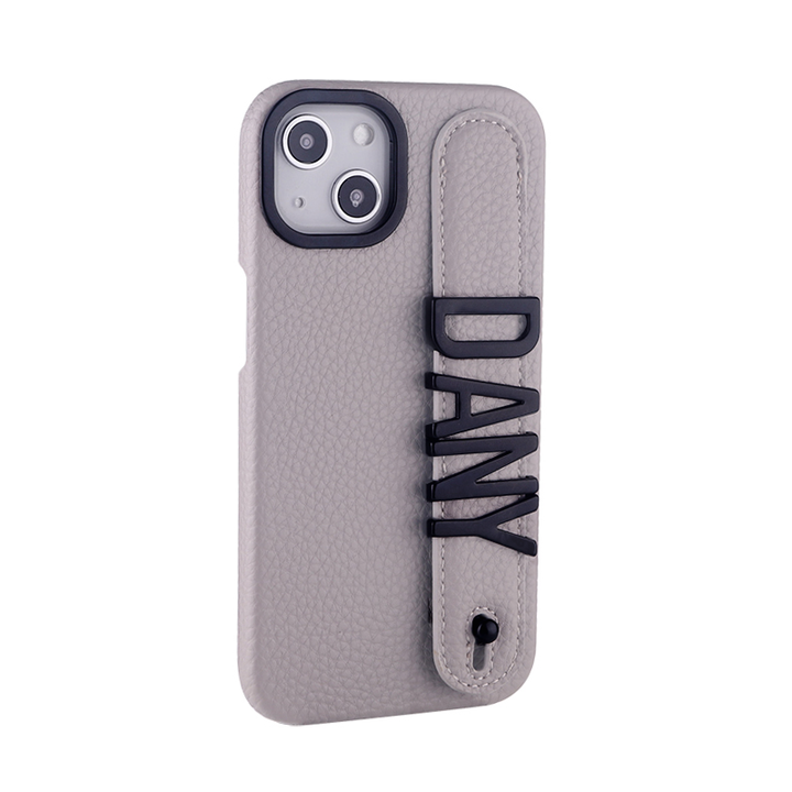 Personalised Name Genuine Leather iPhone Case with Holding Strap for iPhone 14