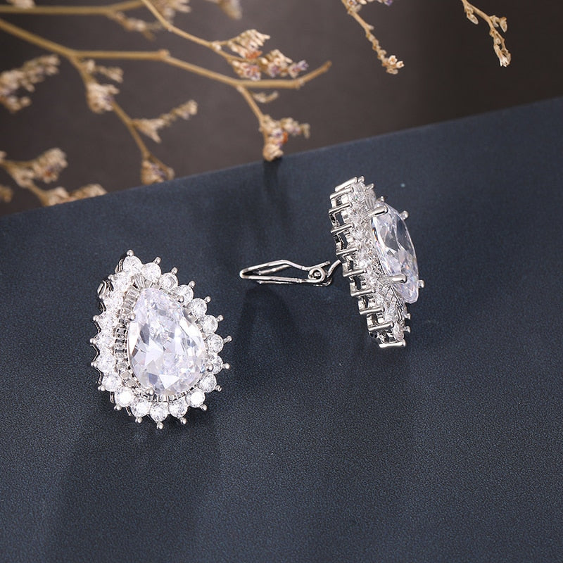 Premium Zirconia Crystal Teardrop Clip on Earrings