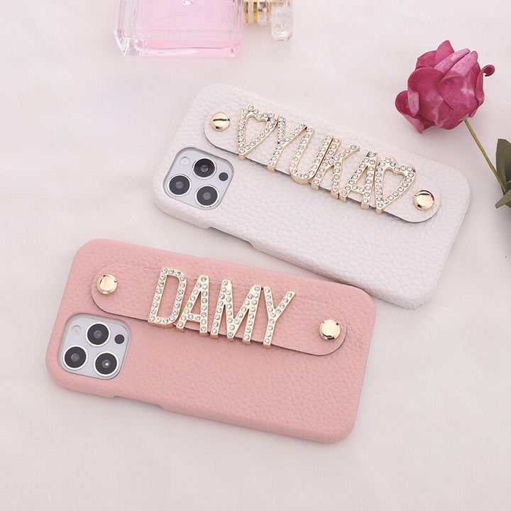 Name Leather Phone Case with Holding Strap