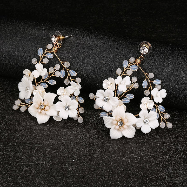 Handmade White Ceramic Rhinestone Floral Earrings