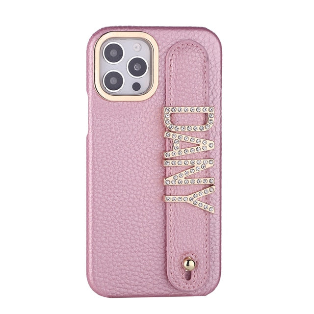 Personalised Name Genuine Leather iPhone Case with Holding Strap for iPhone 14