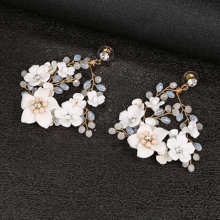 Handmade White Ceramic Rhinestone Floral Earrings