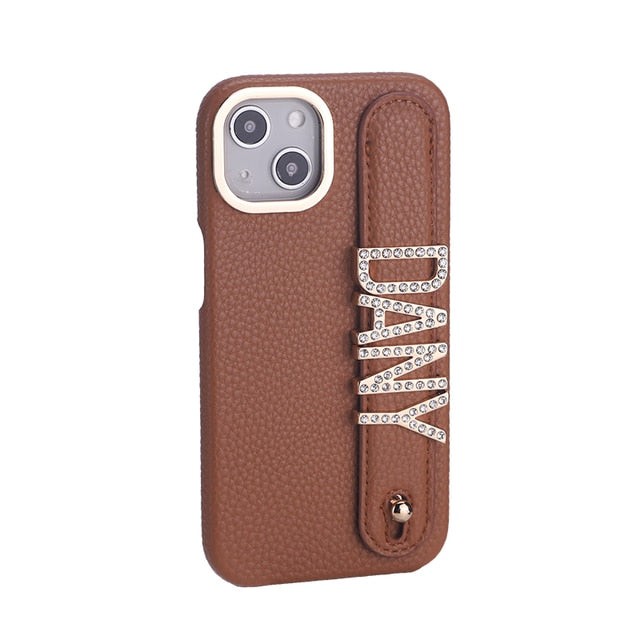 Personalised Name Genuine Leather iPhone Case with Holding Strap for iPhone 14