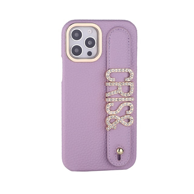 Personalised Name Genuine Leather iPhone Case with Holding Strap for iPhone 14