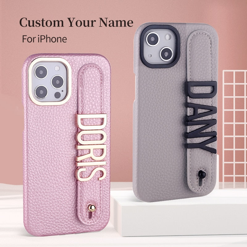 Personalised Name Genuine Leather iPhone Case with Holding Strap for iPhone 14