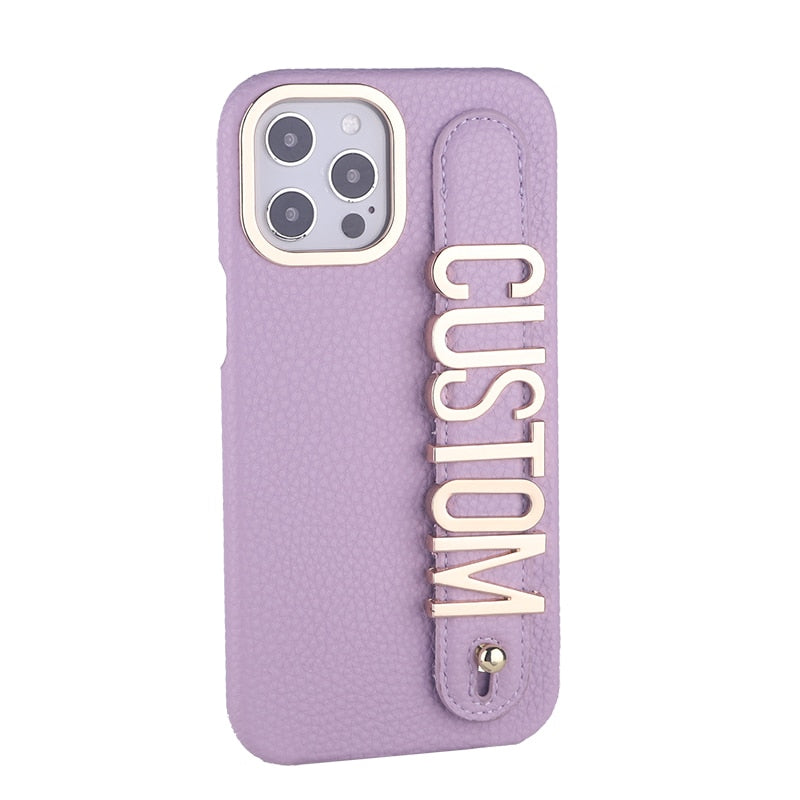 Personalised Name Genuine Leather iPhone Case with Holding Strap for iPhone 14