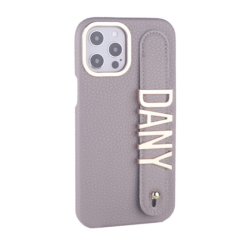 Personalised Name Genuine Leather iPhone Case with Holding Strap for iPhone 14