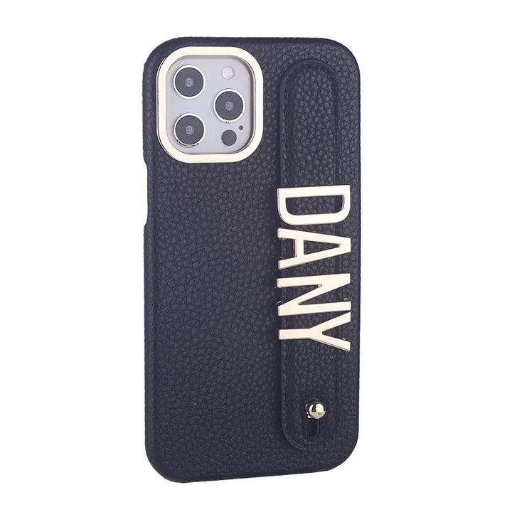 Personalised Name Genuine Leather iPhone Case with Holding Strap for iPhone 14