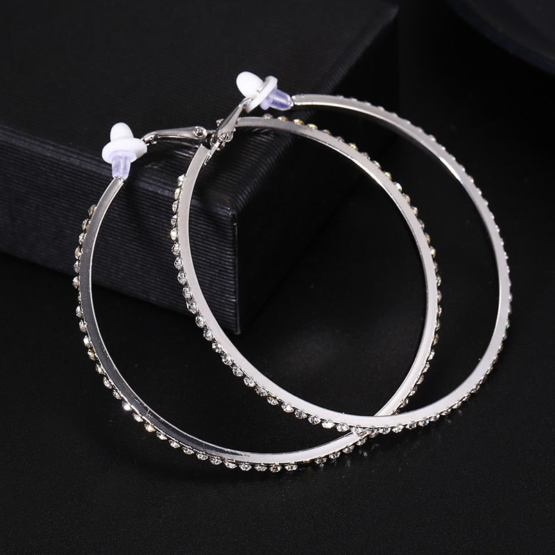 Large 60mm Crystal Hoop Clip on Earrings