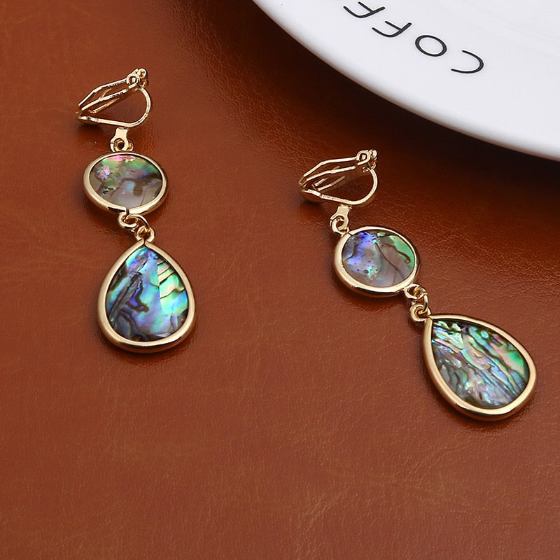 Natural Abalone Shell Teardrop Pendant Clip on Earrings