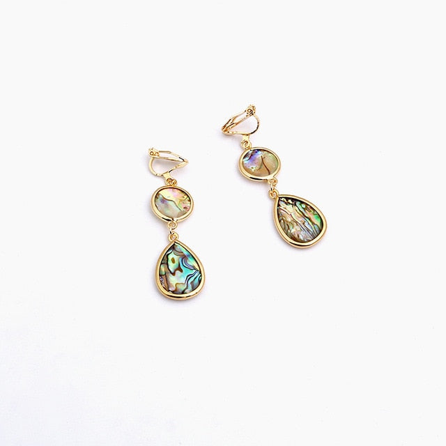 Natural Abalone Shell Teardrop Pendant Clip on Earrings