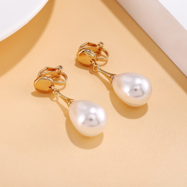 Classic Water Drop Simulated Pearl Clip On Earrings