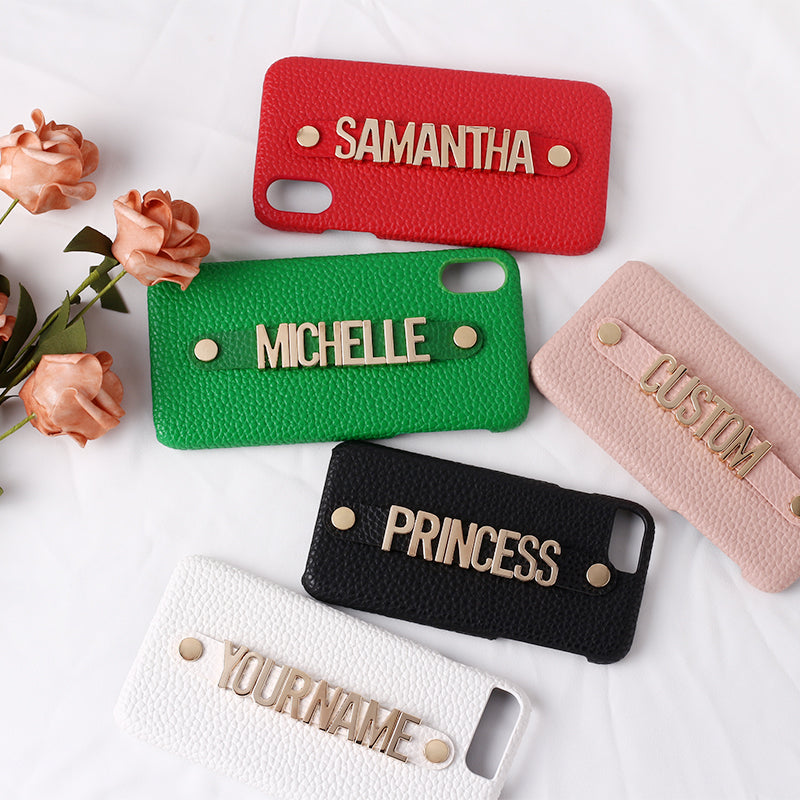 Personalised Name Genuine Leather iPhone Case with Holding Strap