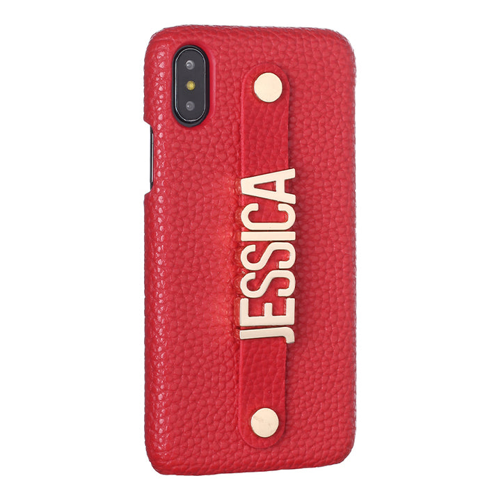 Personalised Name Genuine Leather iPhone Case with Holding Strap