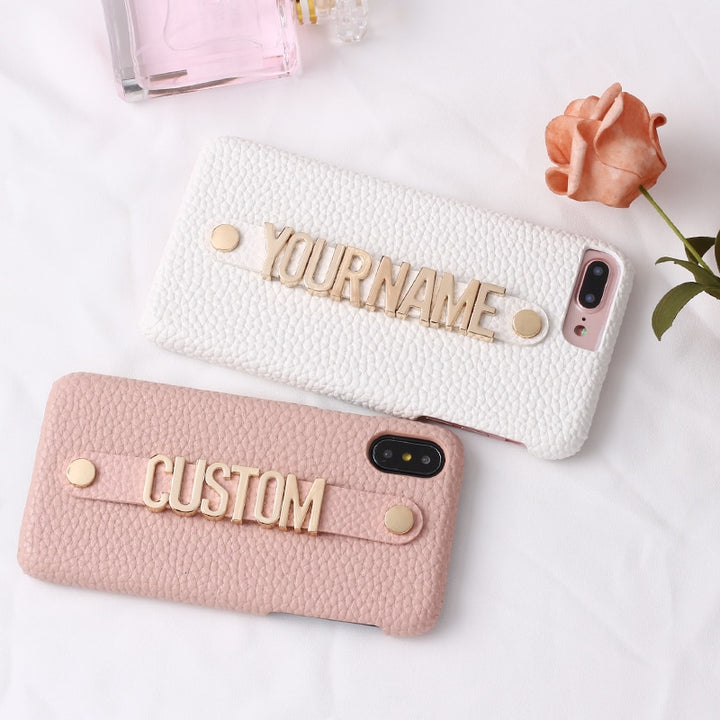 Personalised Name Genuine Leather iPhone Case with Holding Strap