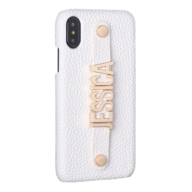 Personalised Name Genuine Leather iPhone Case with Holding Strap