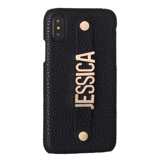 Personalised Name Genuine Leather iPhone Case with Holding Strap