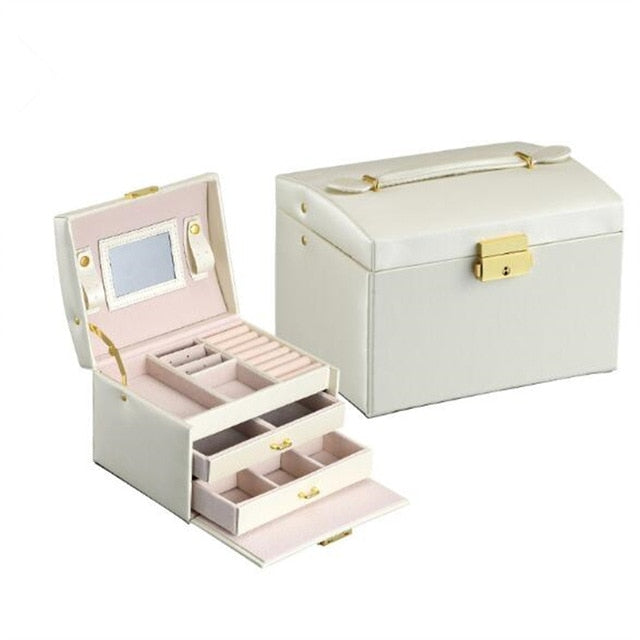 3-layers Jewellery Box with Mirror Large Capacity Jewellery Casket Makeup Organizer Earring Holder Makeup Storage