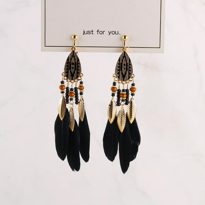 Bohemian Feather Tassel Clip on Earrings