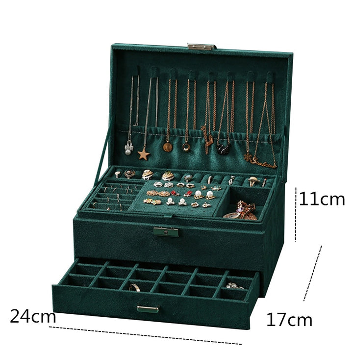 3-layers Green Stud Jewellery Organizer Large Ring Necklace Makeup Holder Cases Velvet Jewellery Box with Lock for Women