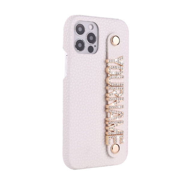 Crystal Initial Genuine Leather iPhone Case with Holding Strap