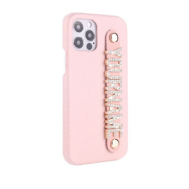 Crystal Initial Genuine Leather iPhone Case with Holding Strap