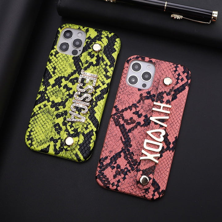 Crystal Initial Snake Skin Leather iPhone Case with Holding Strap