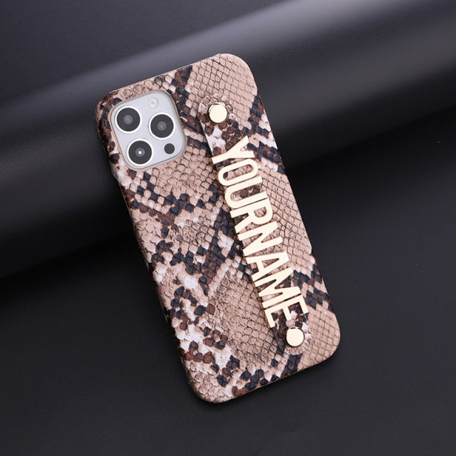 Crystal Initial Snake Skin Leather iPhone Case with Holding Strap