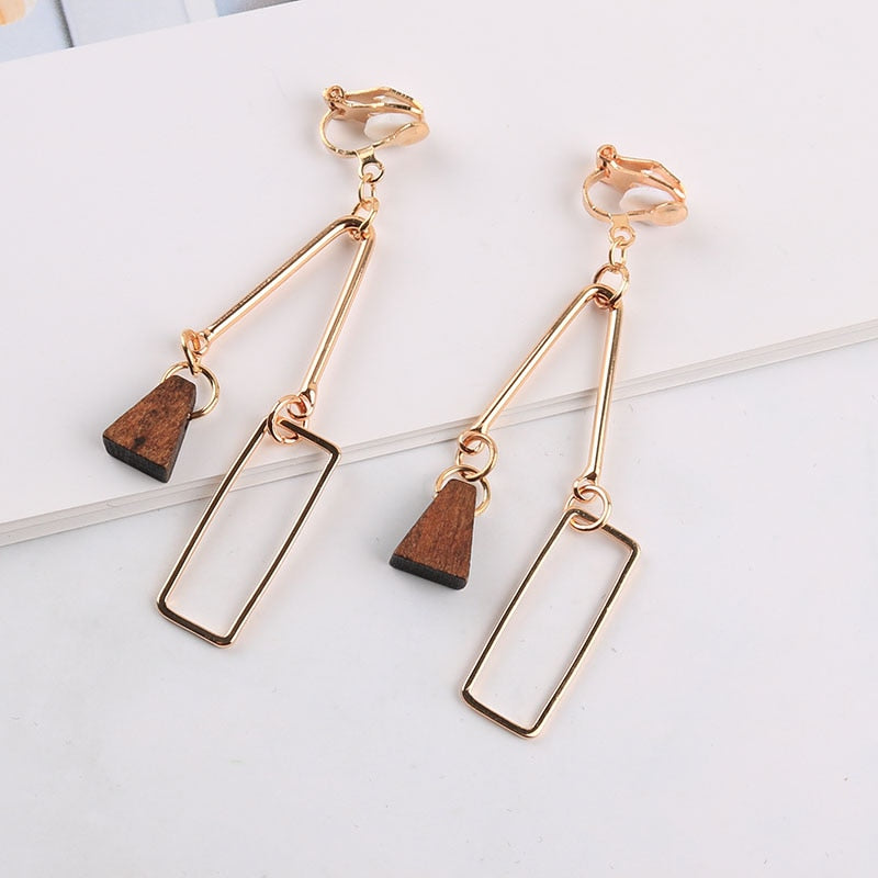 Natural Wood Asymmetric Clip on Earrings